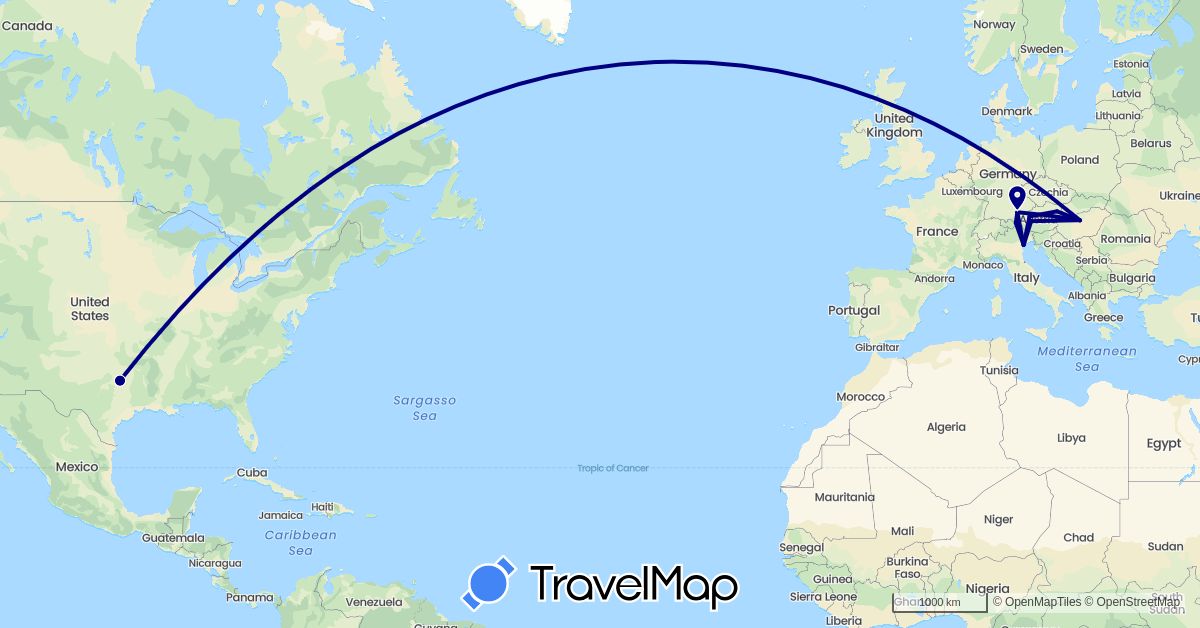 TravelMap itinerary: driving in Austria, Germany, Hungary, Italy, United States (Europe, North America)